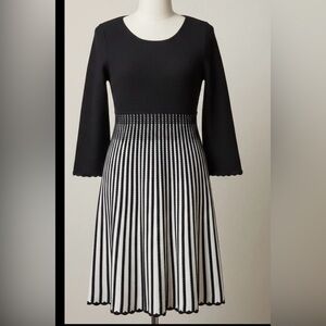 Calvin Klein Fit & Flare Knit Dress Medium Black White Striped Accordion Pleat